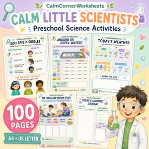 Könnte beinhalten: Eine digitale Sammlung von Calm Little Scientists Vorschul-Wissenschafts-Arbeitsblättern mit fünf verschiedenen Seiten, darunter Anleitungen für Schutzbrillen, Wasserabsorptionstests, Wetterbeobachtung, Kraft- und Bewegungsstudien sowie ein Journal.