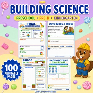 Könnte beinhalten: Ein Set aus vier Arbeitsblättern mit dem Titel Building Science für Vorschule und Kindergarten. Die Seiten enthalten technische Herausforderungen, Brückenbauaufgaben und einen Zeichentrick-Biber mit gelbem Helm und blauer Latzhose.