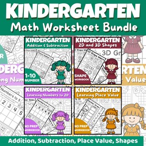 Könnte beinhalten: Ein Kindergarten-Mathematik-Arbeitsblatt-Paket mit vier verschiedenen Arbeitsheften zu Addition, Subtraktion, 2D- und 3D-Formen, Zahlen bis 20 und Stellenwert, die schwarz-weiße Übungsseiten mit Zeichentrickfiguren enthalten.