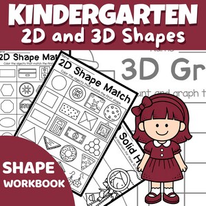 Könnte beinhalten: Ein pädagogisches Arbeitsheft für den Kindergarten zu 2D- und 3D-Formen. Die Seiten enthalten eine 2D-Formen-Zuordnungsaufgabe mit verschiedenen Strichzeichnungen alltäglicher Gegenstände und eine Zeichentrickfigur in einem dunkelroten Kleid.