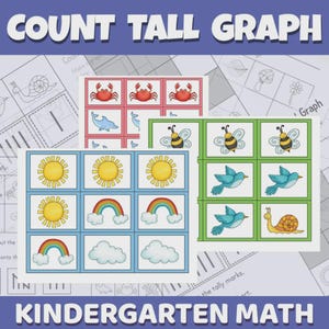 Könnte beinhalten: Mathematik-Aktivität für den Kindergarten mit dem Text "COUNT TALL GRAPH" und "KINDERGARTEN MATH". Das Bild zeigt farbenfrohe Karten mit Illustrationen von Krebsen, Delfinen, Bienen, Vögeln, Sonnen, Regenbogen, Wolken und einer Schnecke.