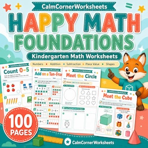 May include: A set of 100 pages of kindergarten math worksheets titled Happy Math Foundations. The pages feature exercises on numbers, addition, subtraction, place value, and shapes, illustrated with a cartoon fox and a yellow ruler.