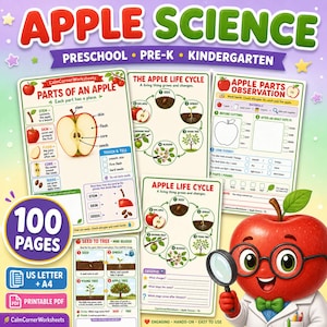 May include: A collection of educational worksheets titled Apple Science for preschool, pre-k, and kindergarten. The pages feature diagrams of apple parts, life cycles, and observation charts. A cartoon apple character with glasses holds a magnifying glass.