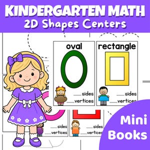 Könnte beinhalten: Lernmaterial mit dem Text KINDERGARTEN MATH 2D SHAPES CENTERS und MINI BOOKS. Es zeigt eine Zeichentrickfigur in einem lila Kleid sowie Karten mit einem Oval und einem Rechteck, die leere Zeilen für Seiten und Ecken enthalten.