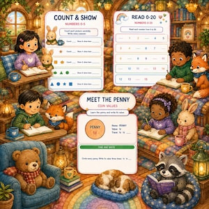 Könnte beinhalten: Ein Lernarbeitsblatt mit drei Abschnitten mit den Titeln COUNT & SHOW, READ 0-20 und MEET THE PENNY. Die Seite enthält Illustrationen von Kindern und Tieren wie Kaninchen, einem Fuchs, einem Bären und einem Waschbären in einem gemütlichen Raum.