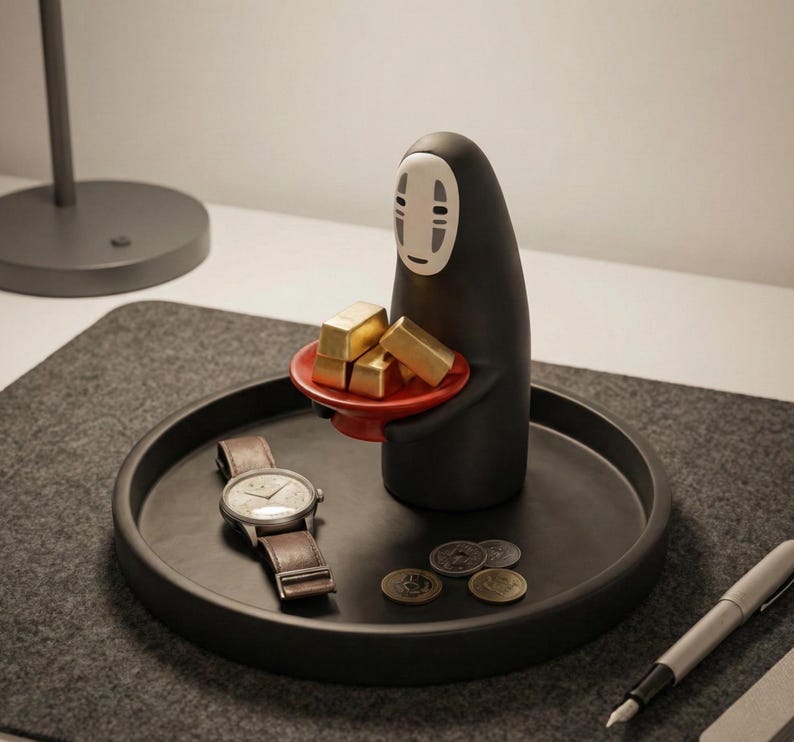 May include: A black decorative figure holding a red plate with gold bars, placed on a black tray. A wristwatch with a brown leather band and several coins are also on the tray. A pen is on the right.