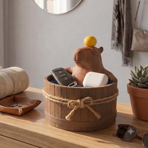 Può includere: Una statuetta di capibara marrone con un piccolo agrume giallo sulla testa, seduta all'interno di un contenitore rotondo in legno a forma di barile. Il contenitore è avvolto da una corda di juta decorativa annodata e contiene una chiave auto.