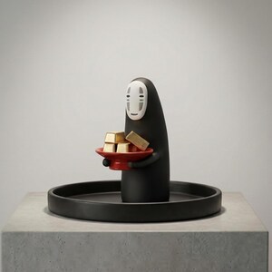 May include: A black figurine of a character from Spirited Away, holding a red tray with gold bars. The figurine has a white mask-like face and is set on a black circular base.