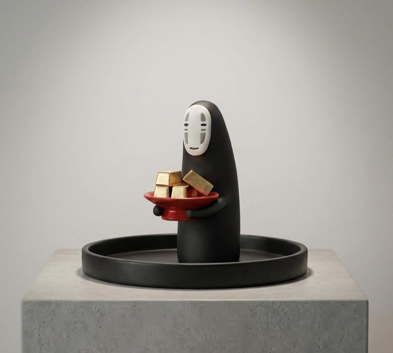May include: A black figurine of a character from Spirited Away, holding a red tray with gold bars. The figurine has a white mask-like face and is set on a black circular base.
