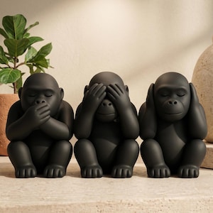 Set di statuette di gorilla Three Wise Monkeys – Decorazione Zen Nero Opaco (6 cm/10 cm)
