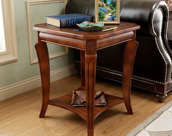 Solid Walnut Side Table, Carved Legs, 2-Tier Storage Shelf, Tempered Glass Top