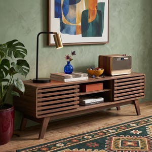 Mid Century Modern TV Stand, Slatted Doors Media Console
