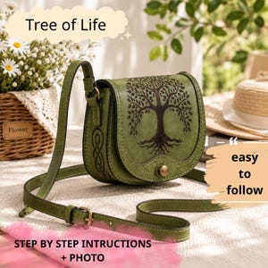 May include: A green crossbody bag featuring a dark brown tree of life design on the front flap, a metal snap closure, and an adjustable shoulder strap. The side of the bag displays a Celtic knot pattern. Text includes Tree of Life, easy to follow, and STEP BY STEP INTRUCTIONS + PHOTO.