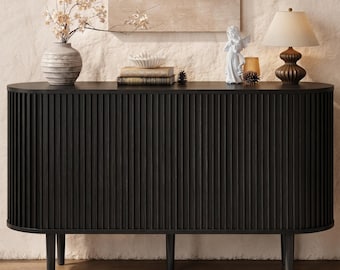Aparador negro de estilo moderno de mediados de siglo, mesa consola con puerta corredera