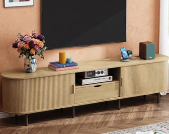 Mueble para TV de estilo moderno de mediados de siglo, consola de almacenamiento con puerta corrediza.