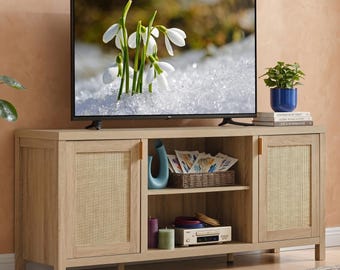 Mueble de TV de ratán, consola multimedia estilo bohemio, estante de almacenamiento de 59 pulgadas.