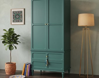 Armario ropero moderno de mediados de siglo, mueble de almacenamiento de madera de ingeniería marrón
