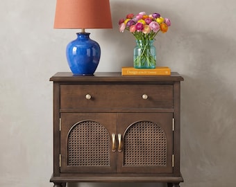 Rattan End Table with Drawer, Charging Station, Wood Nightstand
