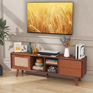 Mid Century Modern Walnut TV Stand with Rattan Doors, Bamboo Media Console Storage