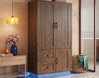 Armario de madera de nogal estilo rústico con puertas y organizador de almacenamiento con iluminación LED.