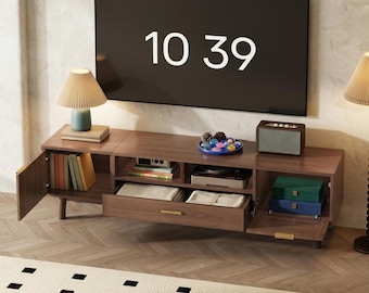 Mueble para TV de madera maciza, consola multimedia con mueble de ratán marrón oscuro, centro de entretenimiento moderno.