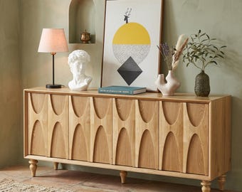 Aparador, credenza de estilo moderno de mediados de siglo, mesa consola de almacenamiento de madera maciza