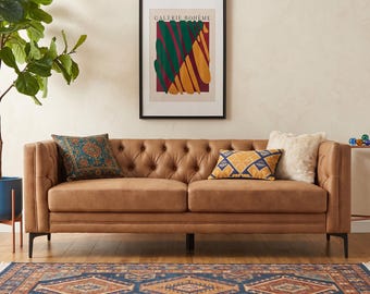 84" Mid Century Modern Faux Leather Tufted Sofa, 3-Seater Couch