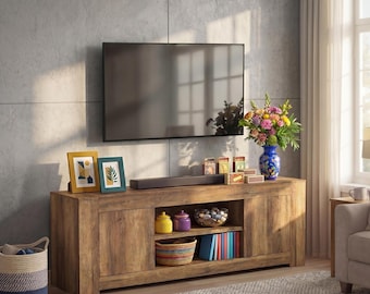 Mueble para equipos multimedia estilo granja, centro de entretenimiento de madera color miel, armarios de almacenamiento (70 pulgadas)