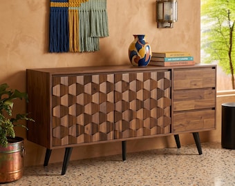 Aparador de madera maciza de acacia, consola de almacenamiento geométrica de estilo moderno de mediados de siglo.