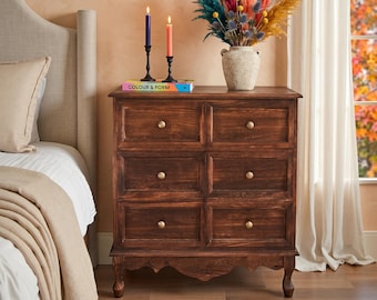 Mesita de noche rústica de madera, mesita de noche con 3 cajones, estación de carga integrada, mueble completamente ensamblado.