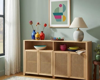 Aparador de ratán, credenza de nogal de estilo moderno de mediados de siglo, consola de almacenamiento de cocina bohemia