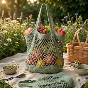Puede incluir: Una bolsa de mercado tejida a ganchillo en color verde salvia con un patrón de malla de rombos y base sólida, llena de manzanas rojas y uvas verdes. La bolsa cuenta con dos asas integradas y está hecha de hilo texturizado de diseño estructurado.