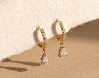 18K Gold Filled, Pave CZ Earrings, CZ Drop Huggie Hoops, Dainty Dangle Earrings, Sparkling Gold Hoops, Everyday Jewelry