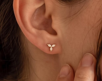 18K Gold Filled, Triple Floral Marquise Stud Earrings, Dainty CZ Studs, Marquise Cluster Earrings, Delicate Gold Studs