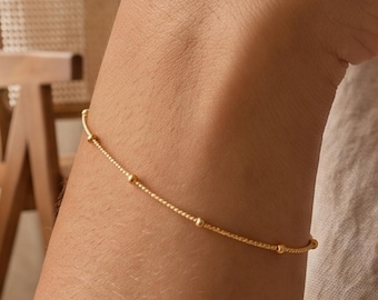 18K Gold Filled Satellite Bracelet, Dainty Gold Chain Bracelet with Tiny Beaded Details, Minimalist Layering Jewelry, Elegant Gift For Her