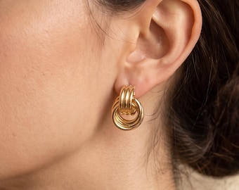 18K Gold Filled Double Hoop Stud Earrings, Chunky Gold Statement Studs, Bold Minimalist Earrings, Modern Everyday Jewelry
