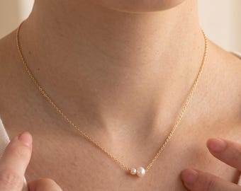 18K Gold Filled Pearl Necklace, Dainty Double Pearl Pendant Jewelry, Minimalist Layering Necklace, Elegant Gift for Her