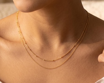 18K Gold Filled Double Layer Necklace, Beaded Satellite Chain Set, Dainty Layering Jewelry, Minimalist Gift for Her