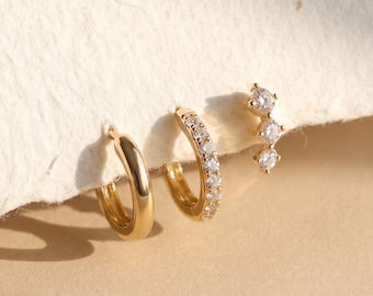 18K Gold Filled 3-Piece Earring Set, Three Stone Stud Earrings, Pavé Huggie Hoops, Classic Gold Hoop Earrings, Minimalist Ear Stack Jewelry
