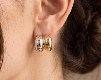 18K Gold Filled, Double Hoop Earrings, Chunky Two Tone Stud Earrings, Mixed Metal Earrings, Statement Studs, Minimalist Jewelry