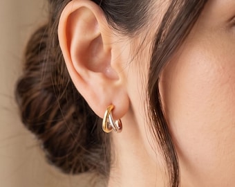 18K Gold Filled Mixed Metal Hoop Earrings, Cross Over Huggie Hoops, Two Tone Statement Earrings, Modern Minimalist Jewelry Gift