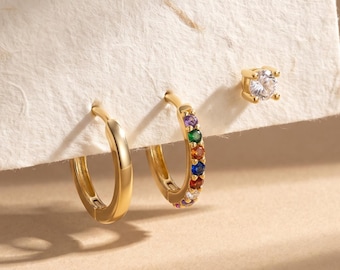 18K Gold Filled 3-Piece Earring Set, Colorful CZ Huggie Hoops, CZ Stud Earrings, Dainty Stackable Earrings, Minimalist Jewelry