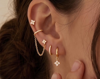 18K Gold Filled, Flower Stud Earrings, Chain Stud Earrings, Flower Earrings, CZ Ear Cuff, Dangle Flower Hoops, Dainty Ear Stack
