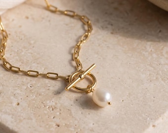 18K Gold Filled   Pearl Necklace, Paperclip Chain Jewelry, Minimalist Toggle Pendant Necklace, Elegant Gift for Her