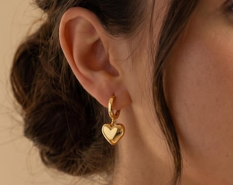 18K Gold Filled Heart Charm Huggie Earrings, Dainty Heart Drop Hoop Earrings, Minimalist Gold Hoops, Romantic Everyday Jewelry Gift