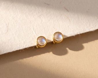 18K Gold Filled Moonstone Stud Earrings, Natural Gemstone Earrings, Minimalist Round Stone Earrings, Dainty Everyday Jewelry Gift