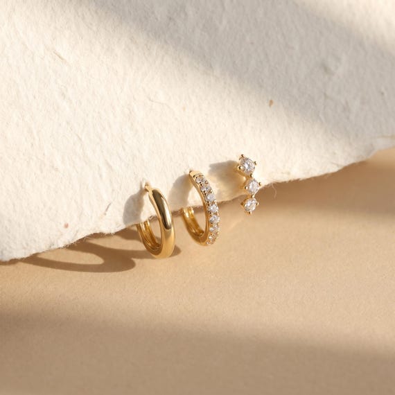 18K Gold Filled 3-Piece Earring Set, Three Stone Stud Earrings, Pavé Huggie Hoops, Classic Gold Hoop Earrings, Minimalist Ear Stack Jewelry