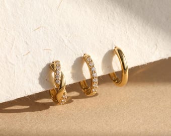 18K Gold Filled, 3 Piece Earring Set, Plain Hoops, Pave Hoops, Twisted Hoops, Dainty Ear Stack