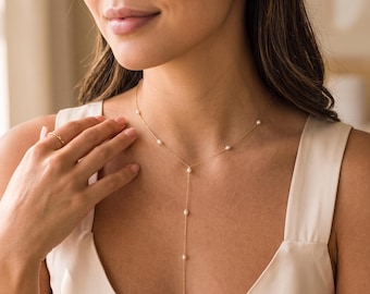 18K Gold Filled Pearl Y Necklace, Dainty Pearl Lariat Necklace, Minimalist Drop Necklace, Elegant Layering Jewelry for Women
