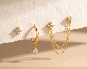 18K Gold Filled 4-Piece Earring Set, Flower Chain Stud Earrings, CZ Floral Huggie Hoops, Dainty Gold Drop Earrings, Minimalist Jewelry